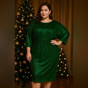 Eloquii Lurex Shimmer Dress in Green Ruched Waist Batwing Sleeve Midi Size 18